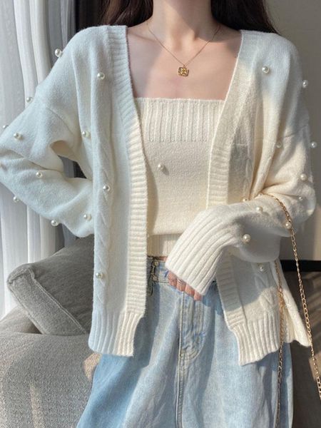 

women's knits & tees gentle two-piece temperament spring and autumn thin suit western style net red fried street knit cardigan top, White