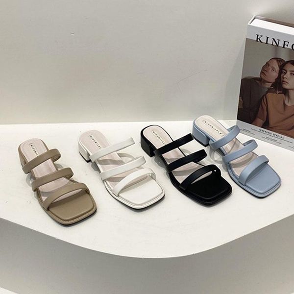 

slippers 2021 summer women slipper square low heel narrow band sandal shoes ladies casual outdoor beach female flip flop slide, Black