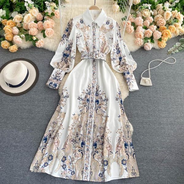 

spring autumn women elegant notched collar single breasted floral print dress casual puff sleeve long with belt 210423, Black;gray
