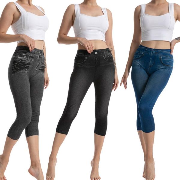 

women's leggings slim women faux jeans stretch short high waist pants plus size calf-length summer breeches, Black