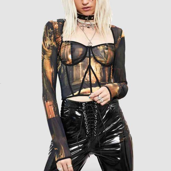 

polos perspective mesh slim tight crop 2021 women see through long sleeve dollskill tube t shirt streetwear, White