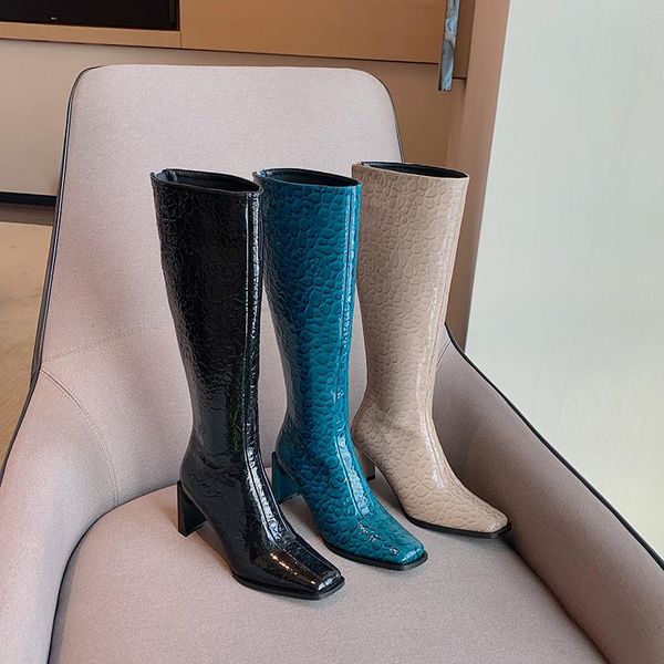 

boots women knee high booties square toe patent leather solid color side zipper knight thick heels winter shoes, Black