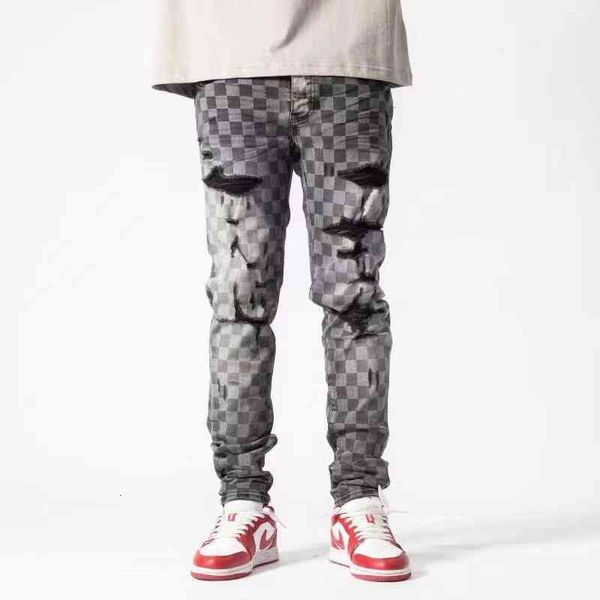 

men's jeans rua retro fazer checkerboard antigo lavado calÃ§as de brim tendÃªncia masculina reta finas alta qualidade f2jk, Blue