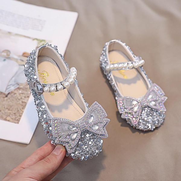 

flat shoes autumn party girls leather bow beading kids princess diamond pearl dress dance toddlers mary jane, Black;grey