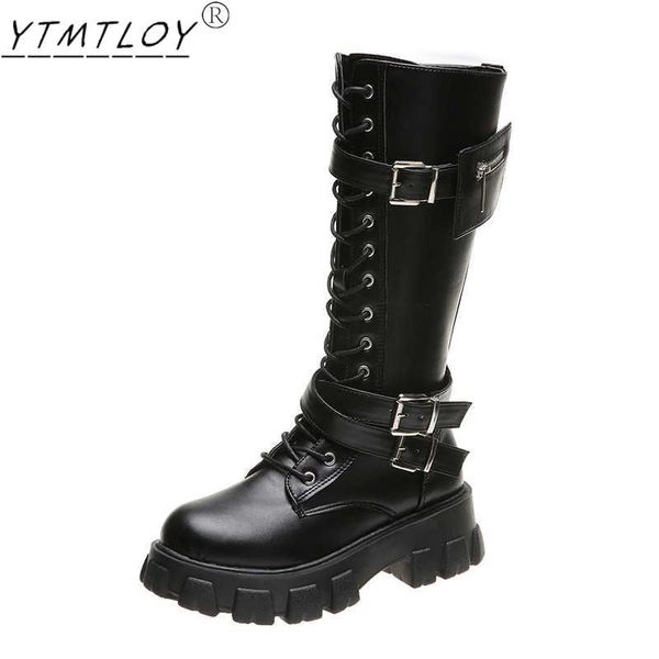

boots winter gothic punk women's platform black buckle belt zipper crawling wedge shoes mid-calf military combat