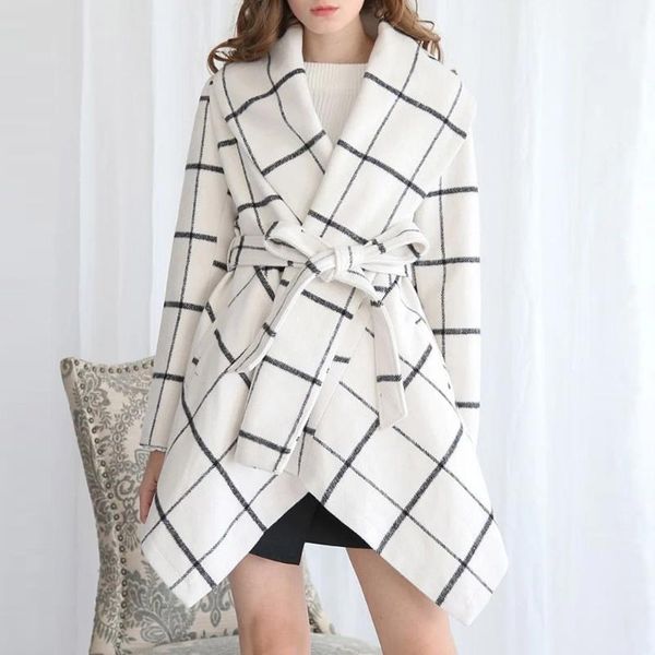 

women's wool & blends coats office lady slim fit lace up autumn winter coat fashion plaid vintage female 2021 overcoat casual plus size, Black