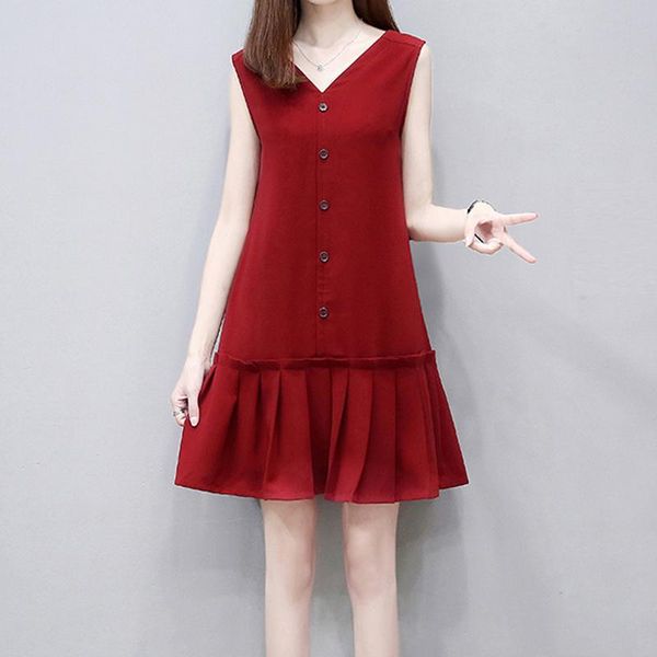 

women 2021 summer fashion temperament mini dress black casual sleeveless pleated red loose elegant dresses, Black;gray