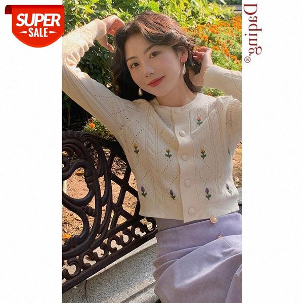 

french retro diamond knit sweater thin female embroidery small round neck hollow short cardigan women #fp3d, White