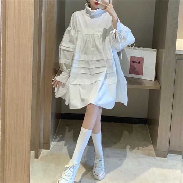 

autumn spring women gothic streetwear mini dress ruffled collar black white oversized tunic puff sleeve bandage dresses casual, Black;gray