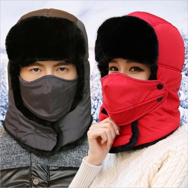 

berets 2021 bomber hats men's winter hat with ear flaps outdoor cold warm skiing men earmuffs and mask, Blue;gray