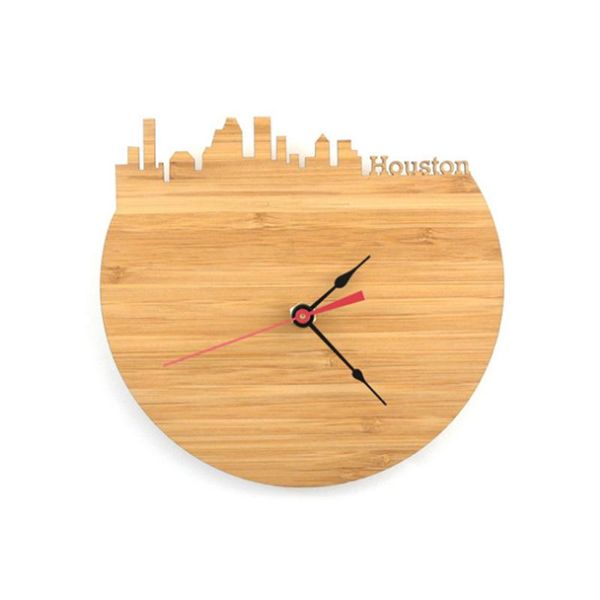 Orologi da parete Creatività Houston Bamboo Clock - Decora la tua casa con il regalo di arte moderna Skyline Design Natural City