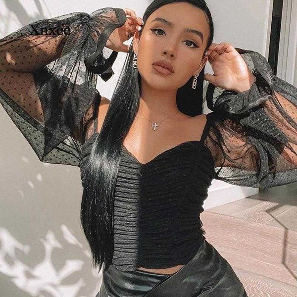 

women's blouses & shirts polka dot blouse women mesh pink sweetheart neckline lantern sleeve ruched white blusas vintage 7ajj