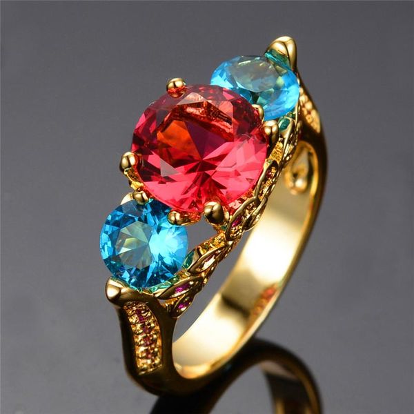 

wedding rings luxury female elegant blue red zircon ring gold color unique style promise engagement for lady, Slivery;golden