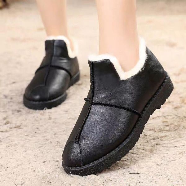 

boots cotton shoes snow genuine leather ankle spring flat woman short brown botas with fur 2021 for women lace up, Black