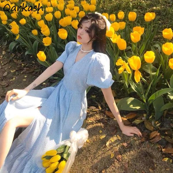 

casual dresses women ruffles puff sleeve side-slit elegant harajuku holiday party ladies vestidos mujer v-neck print sweet, Black;gray