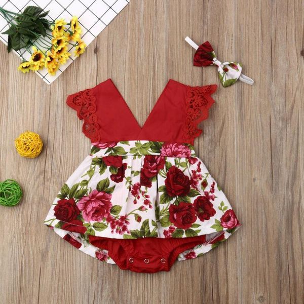 

girl's dresses toddler baby girl 2pcs romper + headband floral nfant born jumpsuit sets, Red;yellow