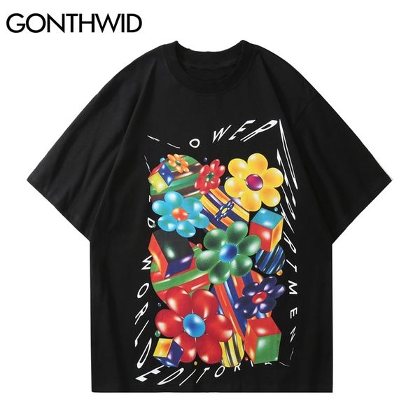 Boy Tees Gömlek Hip Hop Graffiti 3D Çiçekler Kısa Kollu Tişörtleri Streetwear Yaz Harajuku Rahat Pamuk Tops 210602