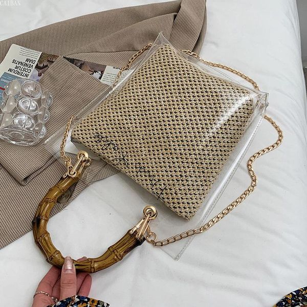 

bamboo knot design handle transparent straw crossbody bags for women 2021 summer fashion chain shoulder handbags totes cross body