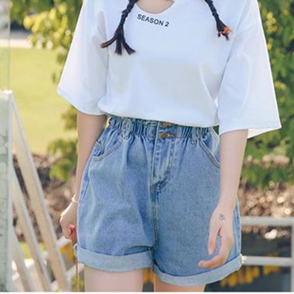 

elastic waist denim women short high wide leg all match ruffles button solid, White;black