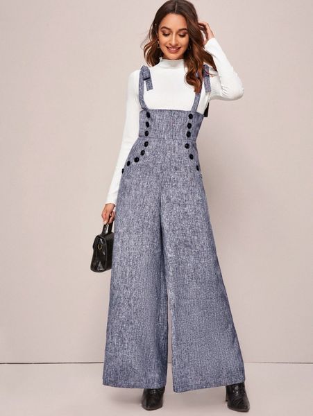 

double breasted wide leg linen look suspender jumpsuit a7j1#, White