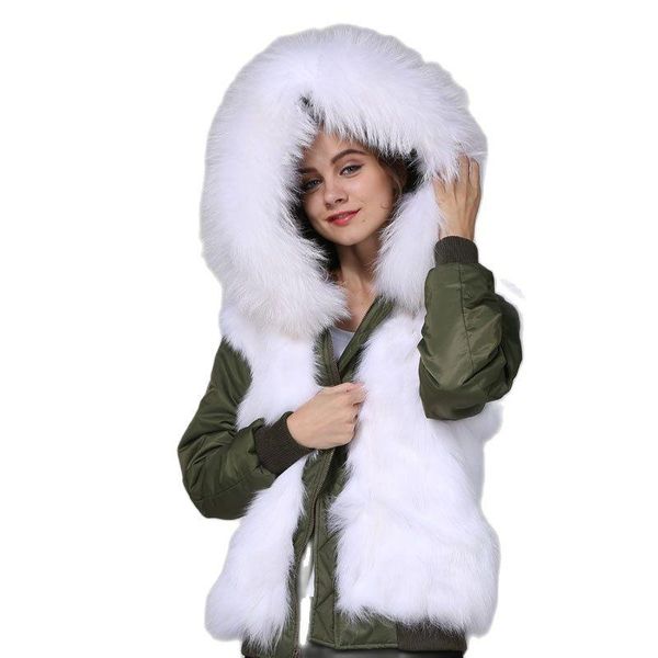 

women's fur & faux 2021 mhnkro army green bomber parka both side wear color est real flight short length, Black