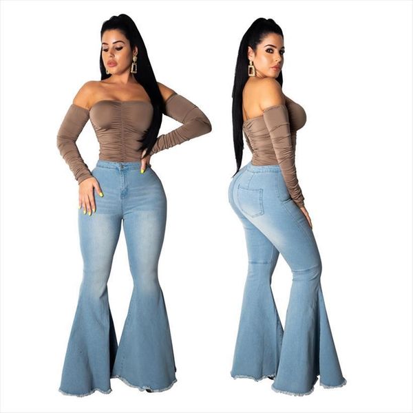 

elastic high waist flare women jean casual autumn wide leg skinny denim long pants bell bottom, Blue