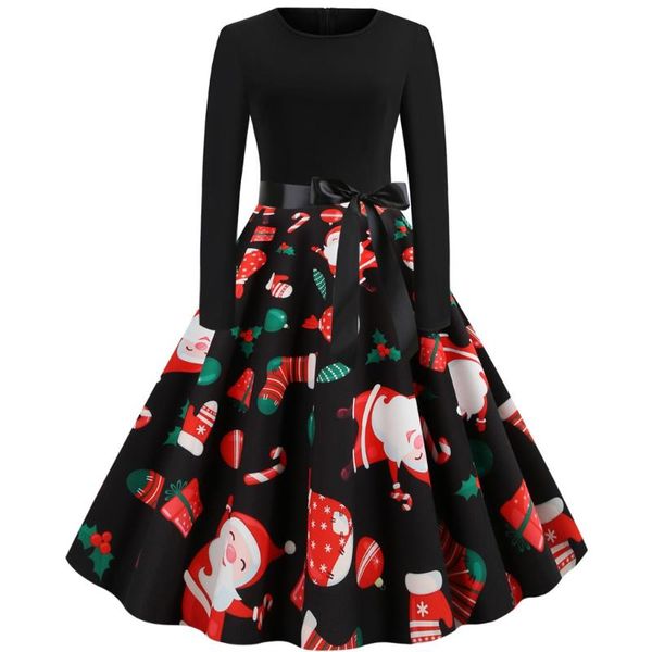 

vintage dress women casual fashion christmas print round neck zipper hepburn party elegant dresses female vestidos, Black;gray
