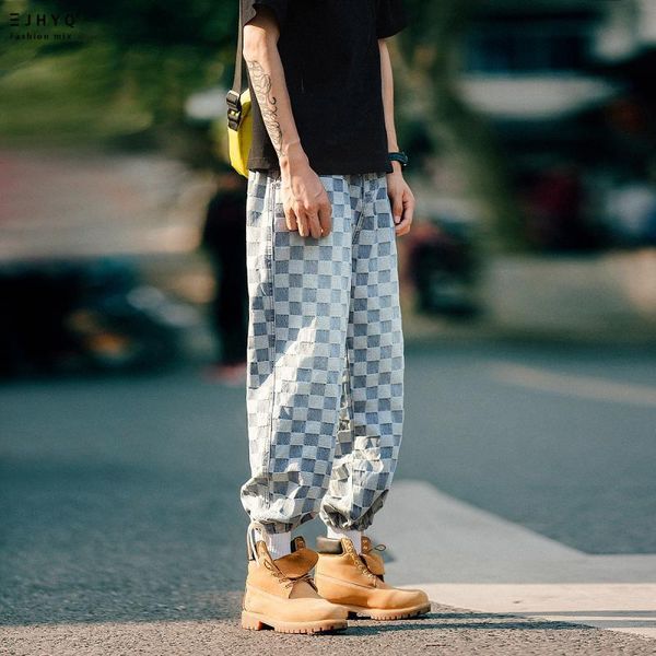 

men's jeans autumn 2021 fashion self-made lattice street brand retro hip-hop pants loose men and women teenager denim, Blue