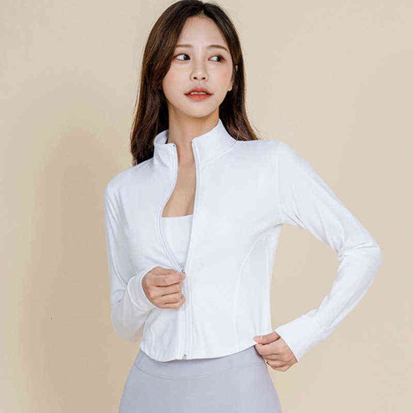 

women's t-shirt long sleeve yoga slim autumn and winter zipper small coat women's outdoor sports running fitns cloth, White