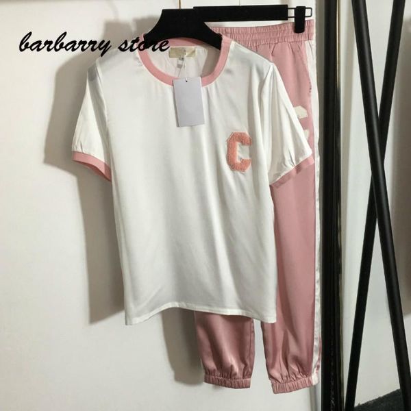 

women's two piece pants 21 luxury design letter printing fashion versatile ice silk round neck short sleeve t-shirt + high waist slim s, White