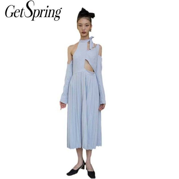

getspring women dress hollow out off shoulder dresses long sleeve irregular vintage pleated 210601, Black;gray