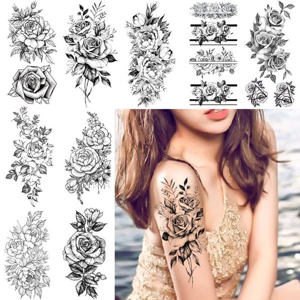 

temporary tattoos women realistic rose flower arm tattoo sticker waterproof bloosom henna body art fake tatoo makeup decals