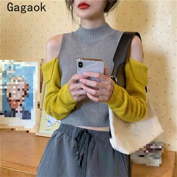 

streetwear women knitted fashion sweater spring autumn turtleneck short patchwork slim wild pullovers k3811 210531, White;black