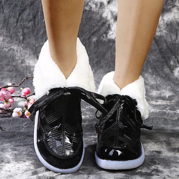 

boots rimocy silver fur winter warm women long plush waterproof platform snow lace up plus size 43 ankle woman shoes, Black