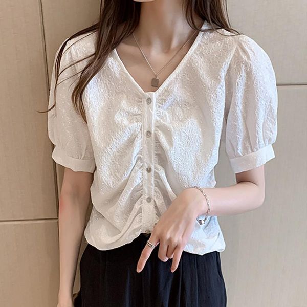 

women's t-shirt pleated short sleeve 2021 summer chiffon shirt loose women shirts v-neck work casual white blusas 12969