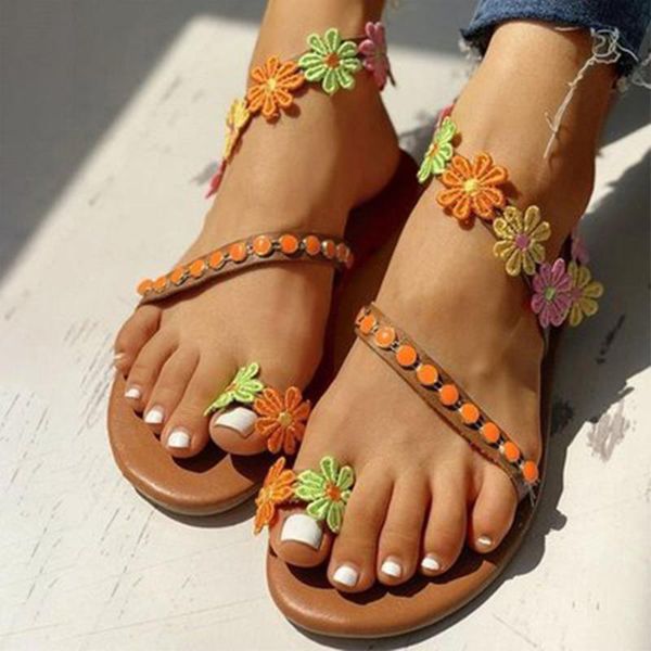 

sandals bohemian style all over toe women summer shoes 2021 flower beach, Black