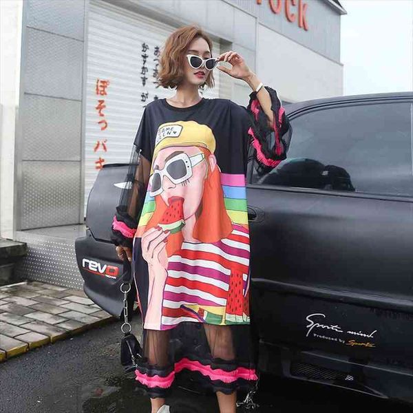 

fashion spring summer dress chic cartoon printed oversized loose dresses mesh ruffles patchwork sundress, Black;gray