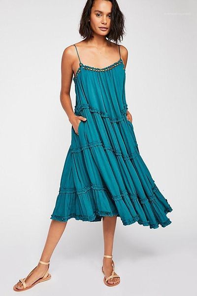 

dresses loose beading pleated female clothing solid color womens designer casual dress fashion spaghetti strap bohemian, Black;gray