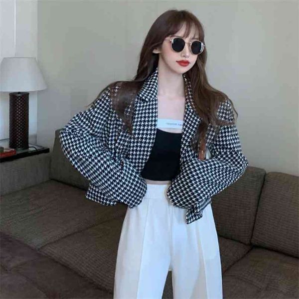 

spring autumn women's coat retro hong kong style houndstooth pattern short suit jacket loose casual long-sleeved coats ll753 210506, Black;brown