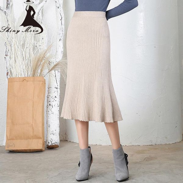 

skirts shinymora women winter long 4 color 2021 high waist pleated elegant ruffles elasticity retro knitted, Black