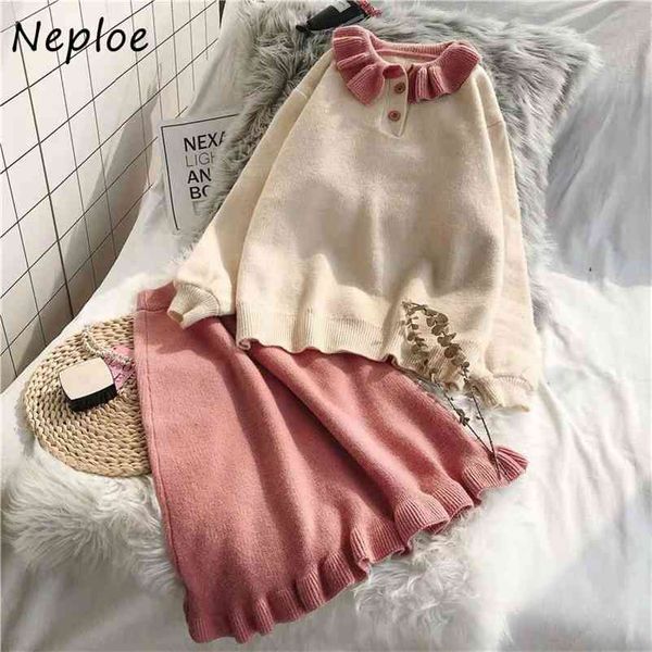 

sweet fashion two piece set chic buttons sweater women + autumn cute fresh candy colors petal skirt suit 1f630 210422, White