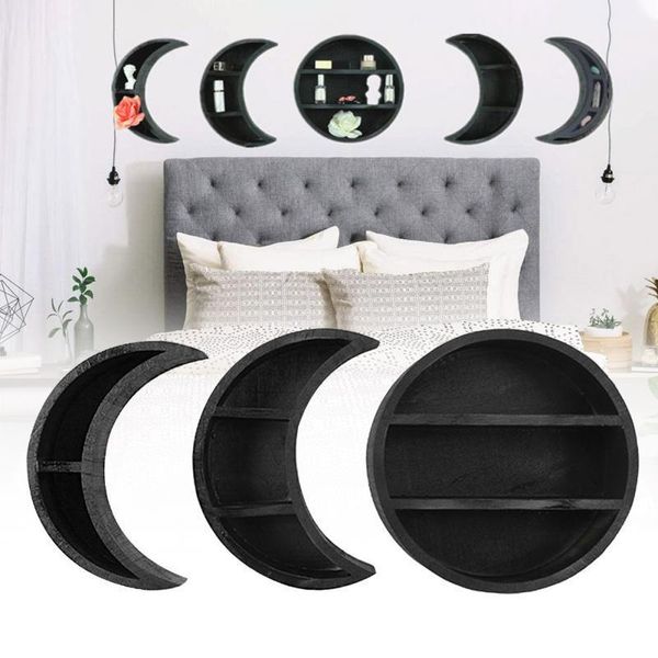 

living room bedroom space saving home decor rustic wooden floating for pos storage shelf hanging wall mounted moon shape decorative objects