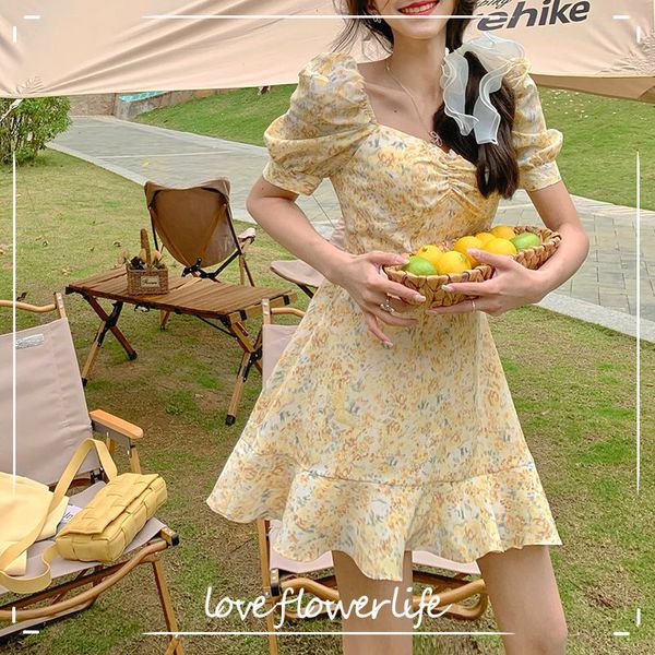 

square collar yellow mini dress women short sleeve sweet floral printed dress beach elegant dress korean summer 210521, Black;gray