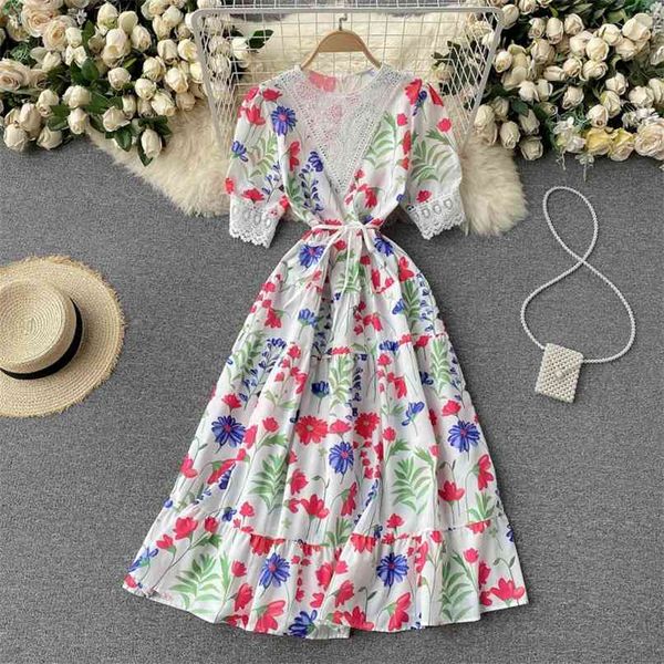 

women fashion sweet print thin a-line dress round neck short sleeve summer elegant harajuku clothes vestidos s117 210527, Black;gray