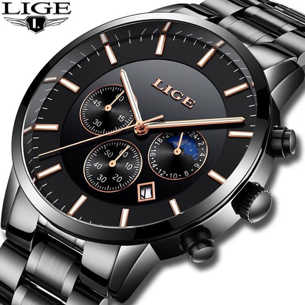 

wristwatches 2021 mens watches lige business watch stainless steel waterproof clock military sport men chronograph, Slivery;brown