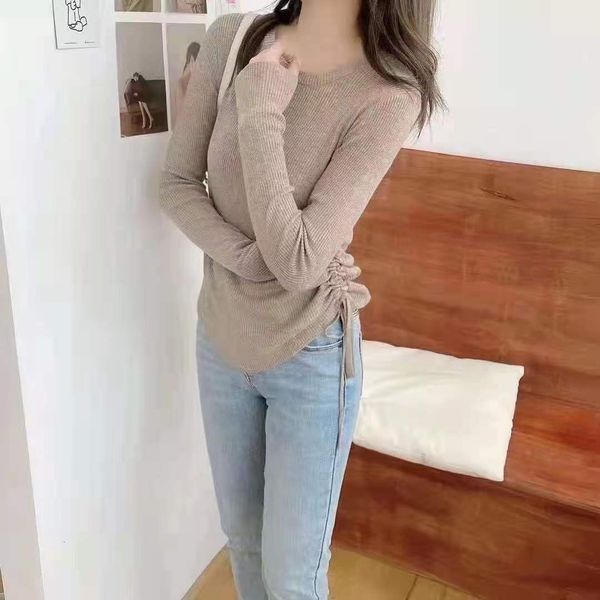 

t shirt women's 2021 early autumn korean temperament wool solid color versatile drawstring outer wearing knitted bottomed shirt, White