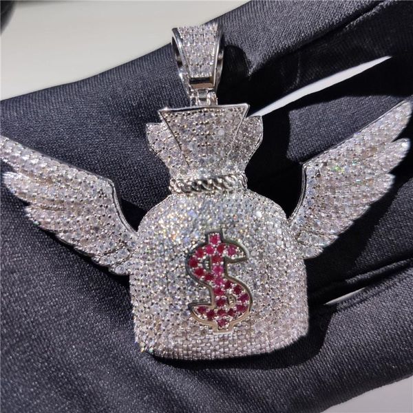 Anhänger Halsketten Hip Hop Voller Kubikzircon Engelsflügel US-Dollar Geldbörse Geldbeutel Anhänger Halskette Für Männer Iced Out Bling Schmuck Weihnachten