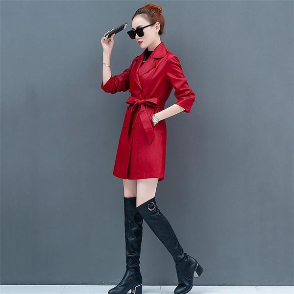 

women's leather & faux women trench sashes autumn 2021 winter double breasted female sheepskin coat split korean style selling, Black