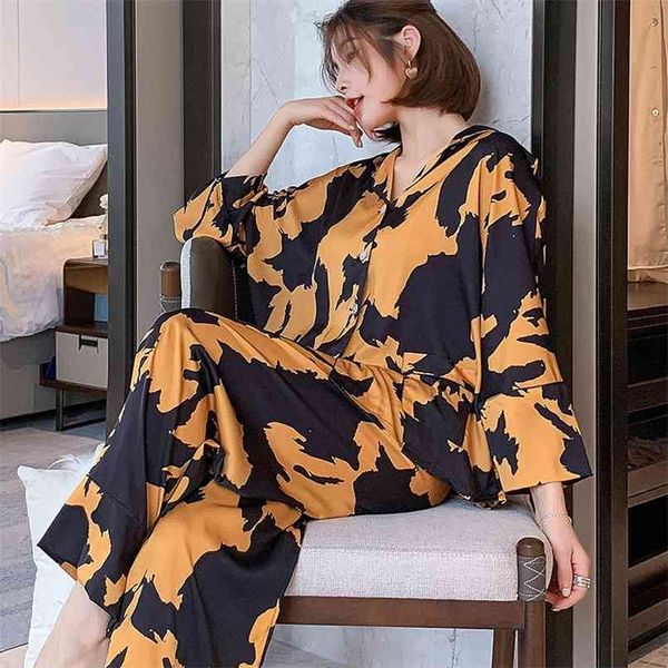Pijama Loungewear Pijama İpek kadın Ev Giysileri İki Parçalı Setleri Nighty Bayanlar için Uzun Kollu Uyku Gömlek 210809