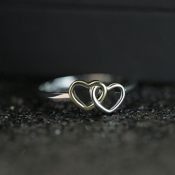 

cluster rings simple fashion double heart-shaped ladies ring true gold electroplated copper two-color women's jewelry birthday gift, Golden;silver